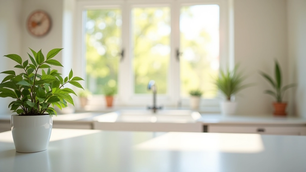 Bright kitchen with open windows, clean white countertops, and morning sunlight streaming through glass