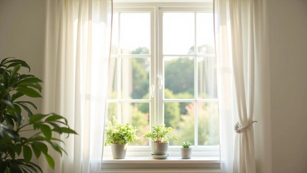 Spring living room with fresh white curtains, potted plants on windowsill, and bright natural daylight streaming through clean windows