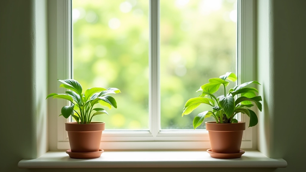 Fresh spring window with bright natural light and potted plants on windowsill