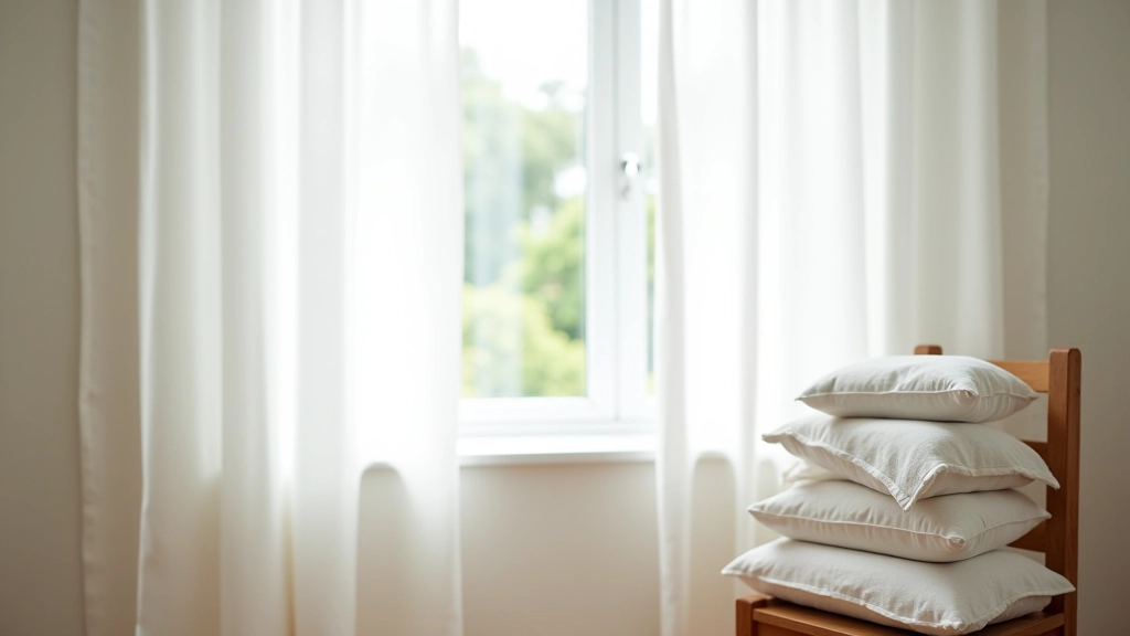 Freshly washed white linen curtains hanging by window with soft natural light filtering through, stack of clean cushions on wooden chair
