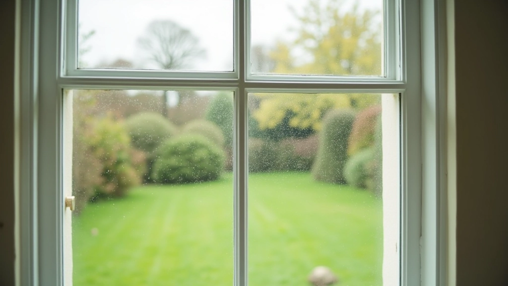 Close-up of clean window panes with raindrops and view of green spring garden outside, bright natural light