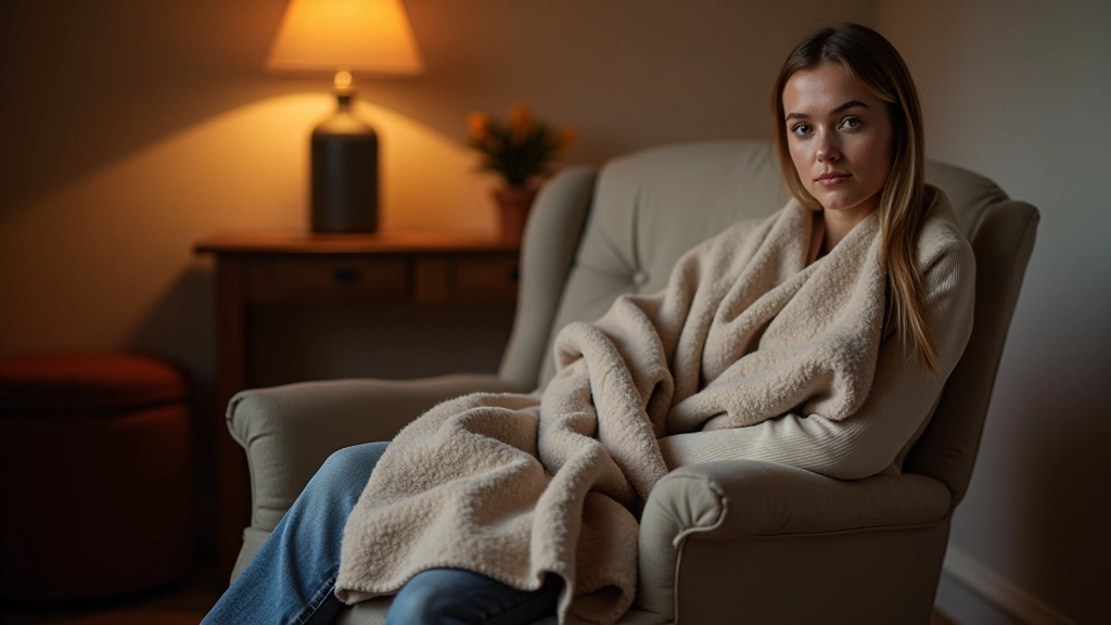 Cosy living room corner with armchair draped in quality wool throw blanket, warm ambient lighting, soft furnishings creating comfortable winter retreat