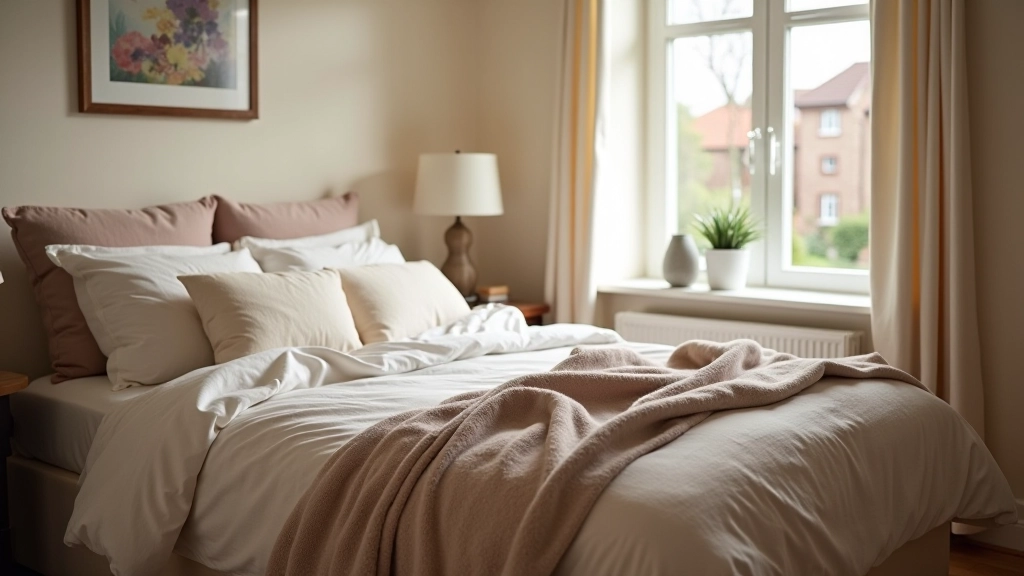 Bedroom with layered textiles including linen sheets, wool blankets, and cotton throw pillows creating cosy autumn atmosphere