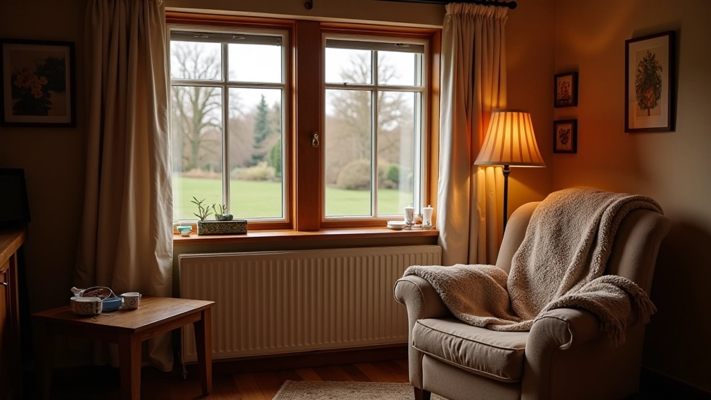 Cosy living room with draught-proofing weatherstripping around window frames and thick woollen blankets on furniture