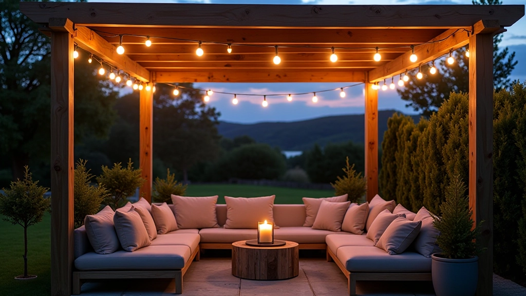 Cosy Irish garden with pergola structure, string lighting, and comfortable outdoor seating creating an inviting evening atmosphere
