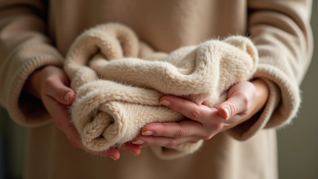 Person arranging cosy winter textiles and blankets