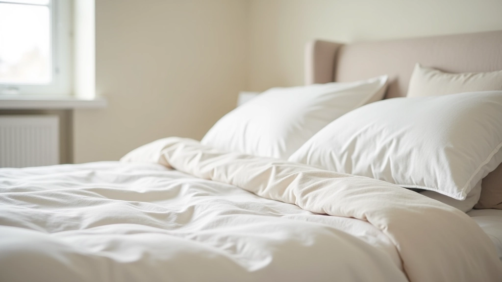 Luxury linen bedding in neutral tones layered on wooden bed frame with modern minimalist bedroom design
