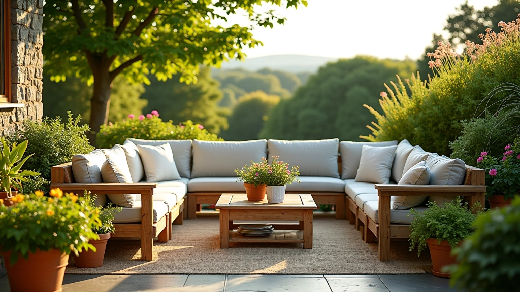 Irish garden patio with comfortable outdoor seating, potted plants, and weather-resistant cushions overlooking green landscape