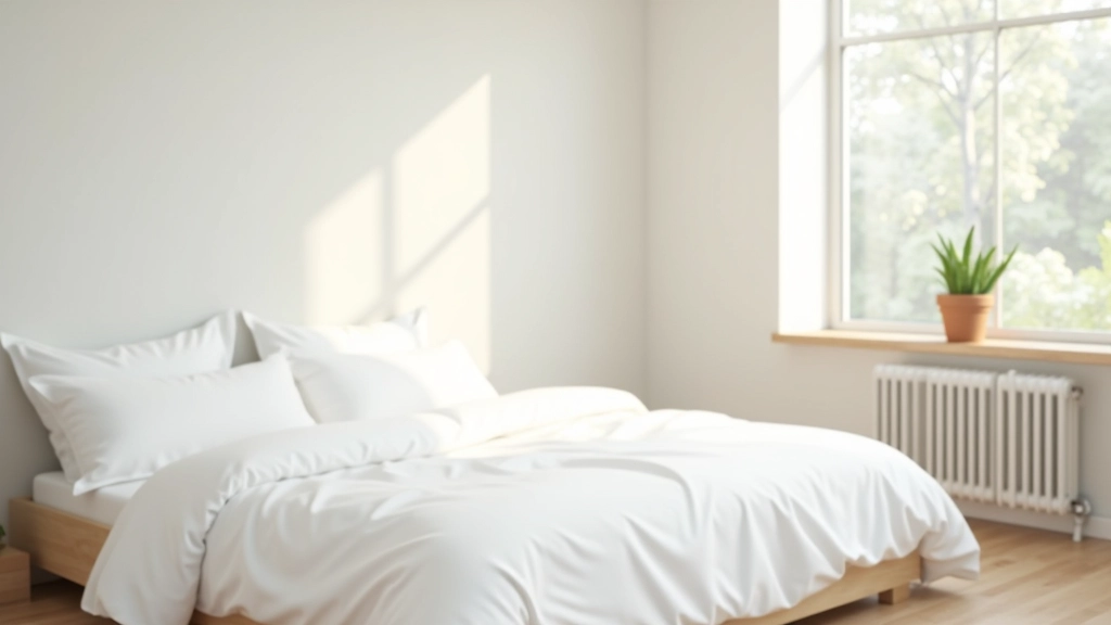 Minimalist bedroom with white bedding, wooden nightstand, single potted plant, bright window light, and empty clear surfaces