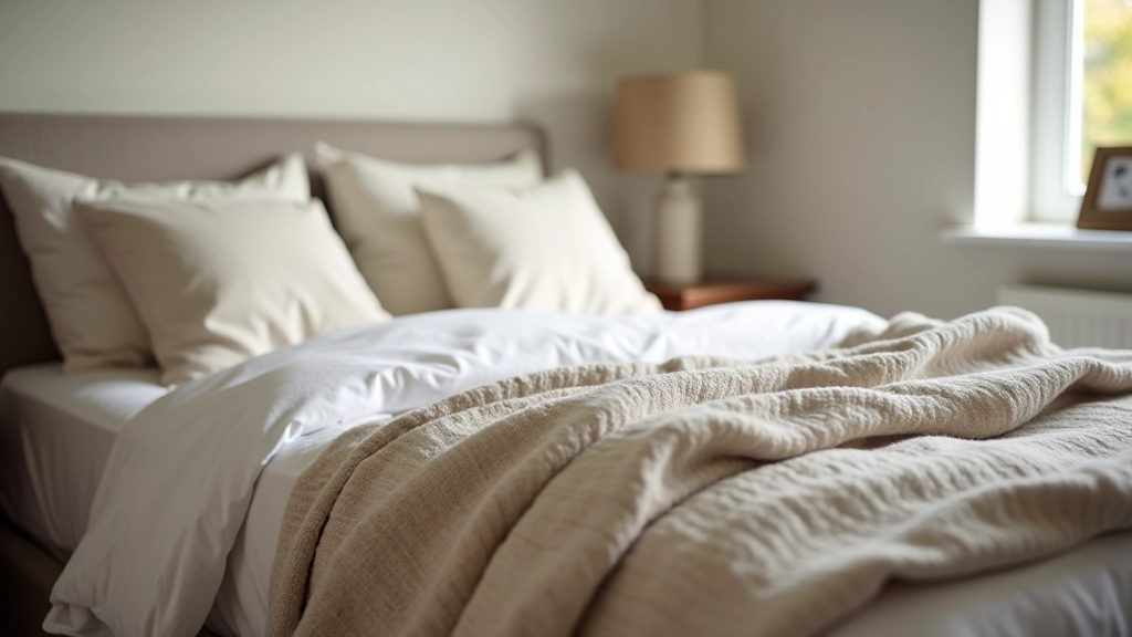 Perfectly layered bed with multiple textures showing linen sheets, wool blanket, and wool duvet demonstrating proper winter bedding setup