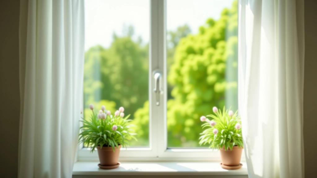 Open window with white frame showing spring garden view, potted green plants on windowsill, fresh breeze indicated by flowing white curtain