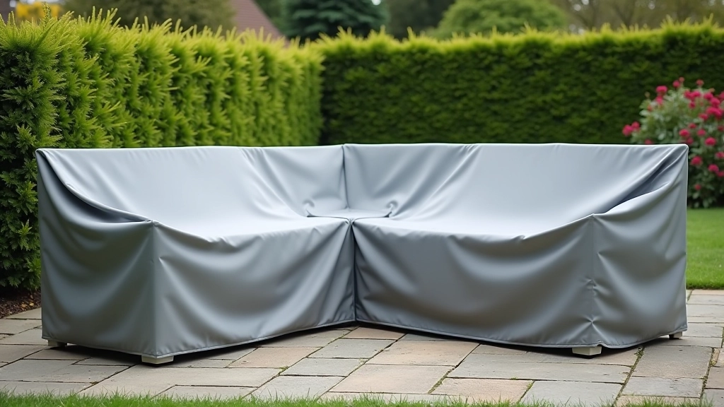 Garden furniture covered with protective weatherproof covers, showing proper storage technique during off-season
