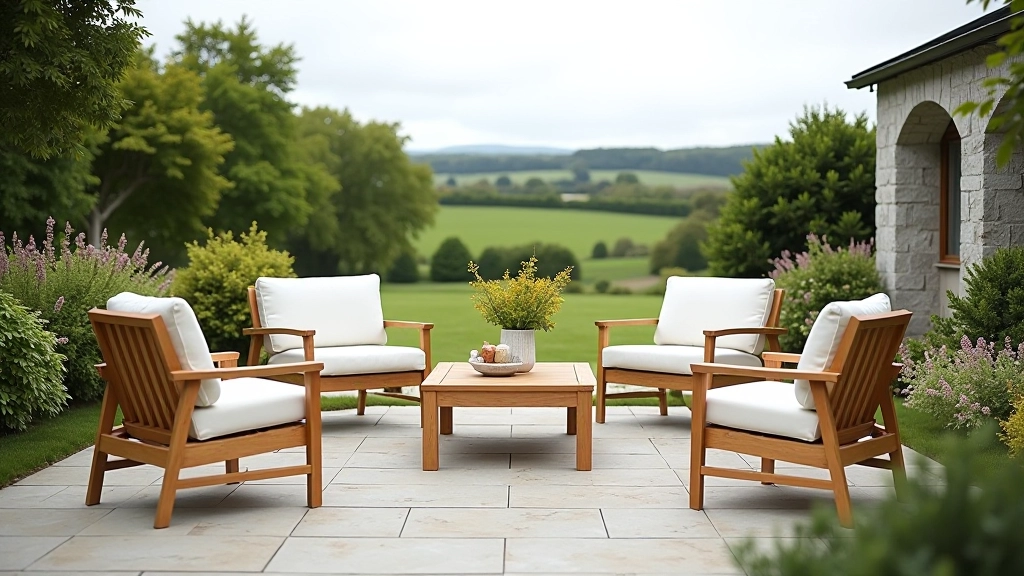 Modern patio layout showing furniture arrangement with seating zones, table placement, and shelter structures in an Irish garden