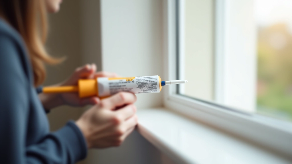 Silicone sealant gun being used to seal gap around window frame showing white caulking being applied