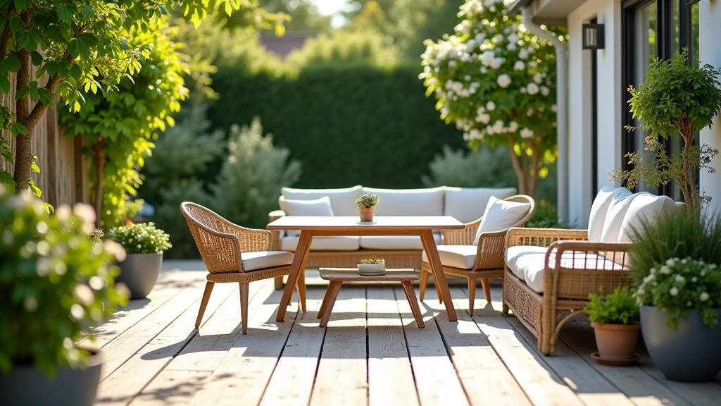 Summer garden patio with outdoor seating and plants creating outdoor living space