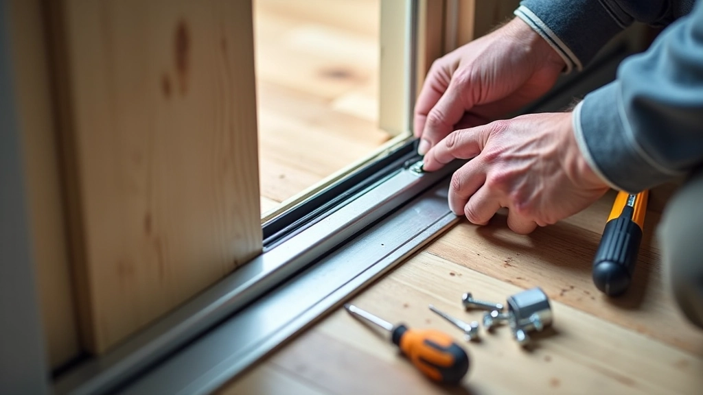Threshold strip being installed at bottom of external door showing metal frame and rubber seal component