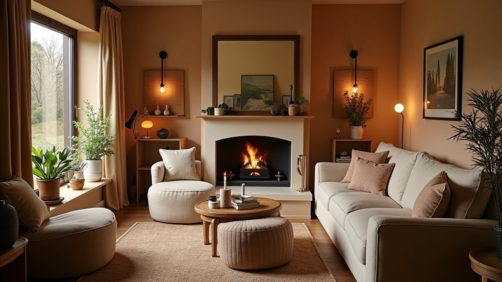 Cosy living room with warm lighting and textured fabrics