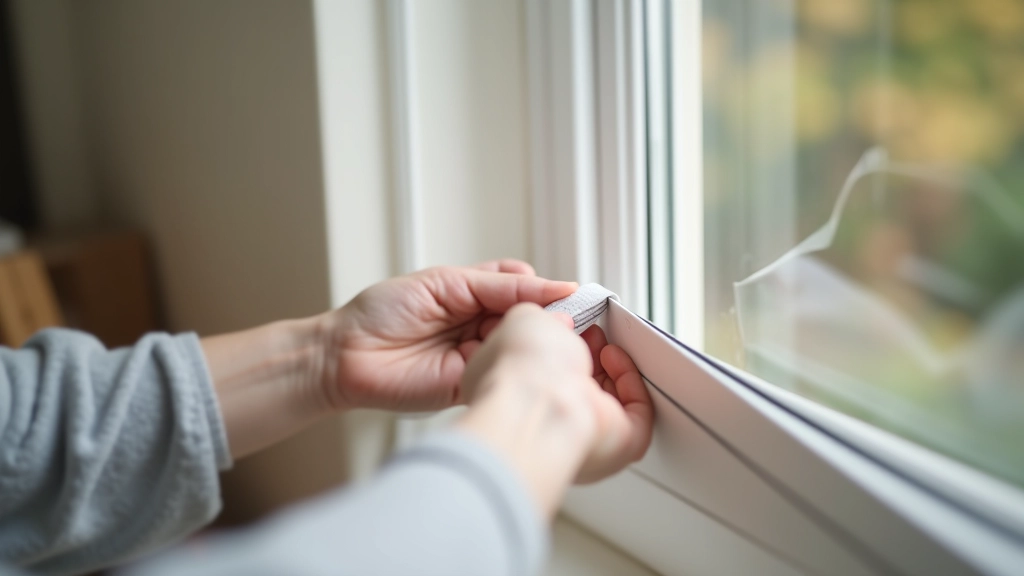 Close-up of weatherstripping tape being applied to window frame edge showing proper installation technique